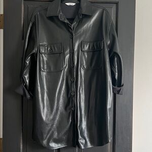 Steve Madden Black Faux Leather Shirt Jacket with Patch Pockets